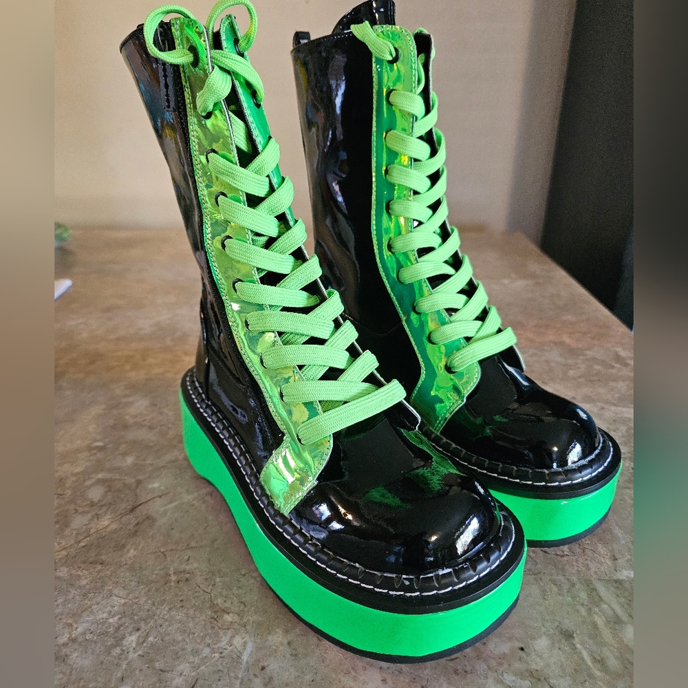 Demonia Emily 350 Neon Green UV Reactive Wrapped Platform MidCalf Lace-up size 7 - Picture 4 of 10